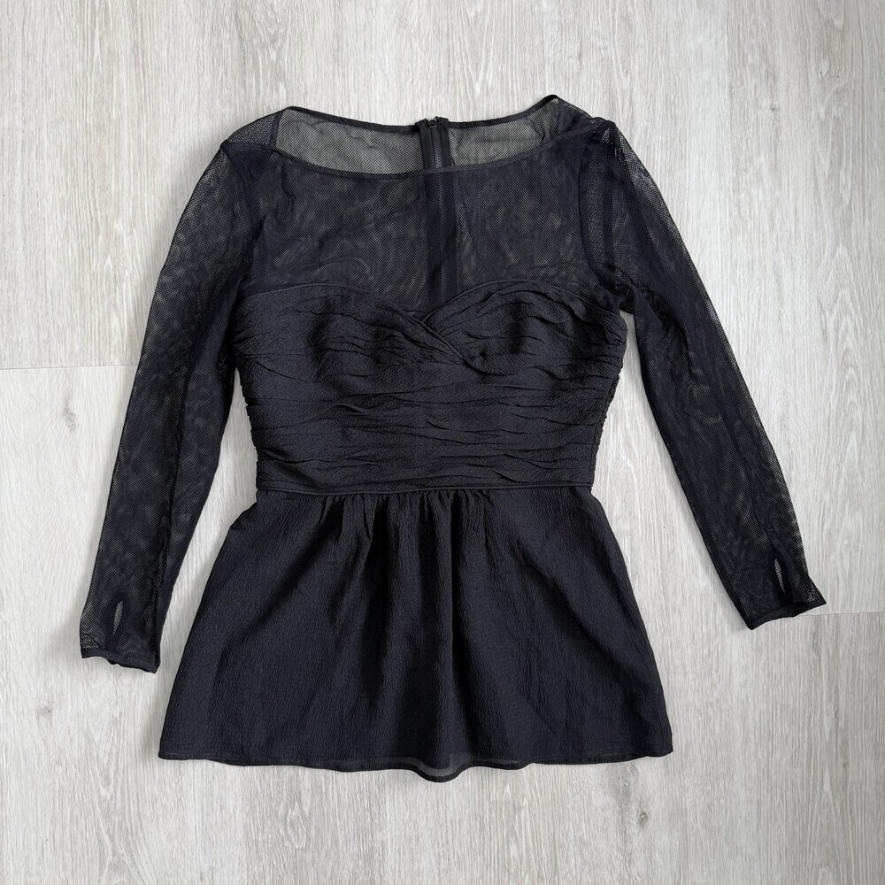 Burberry London Mesh Top Black 100% Silk Ruched Peplum Size 6 (US 4) NWT